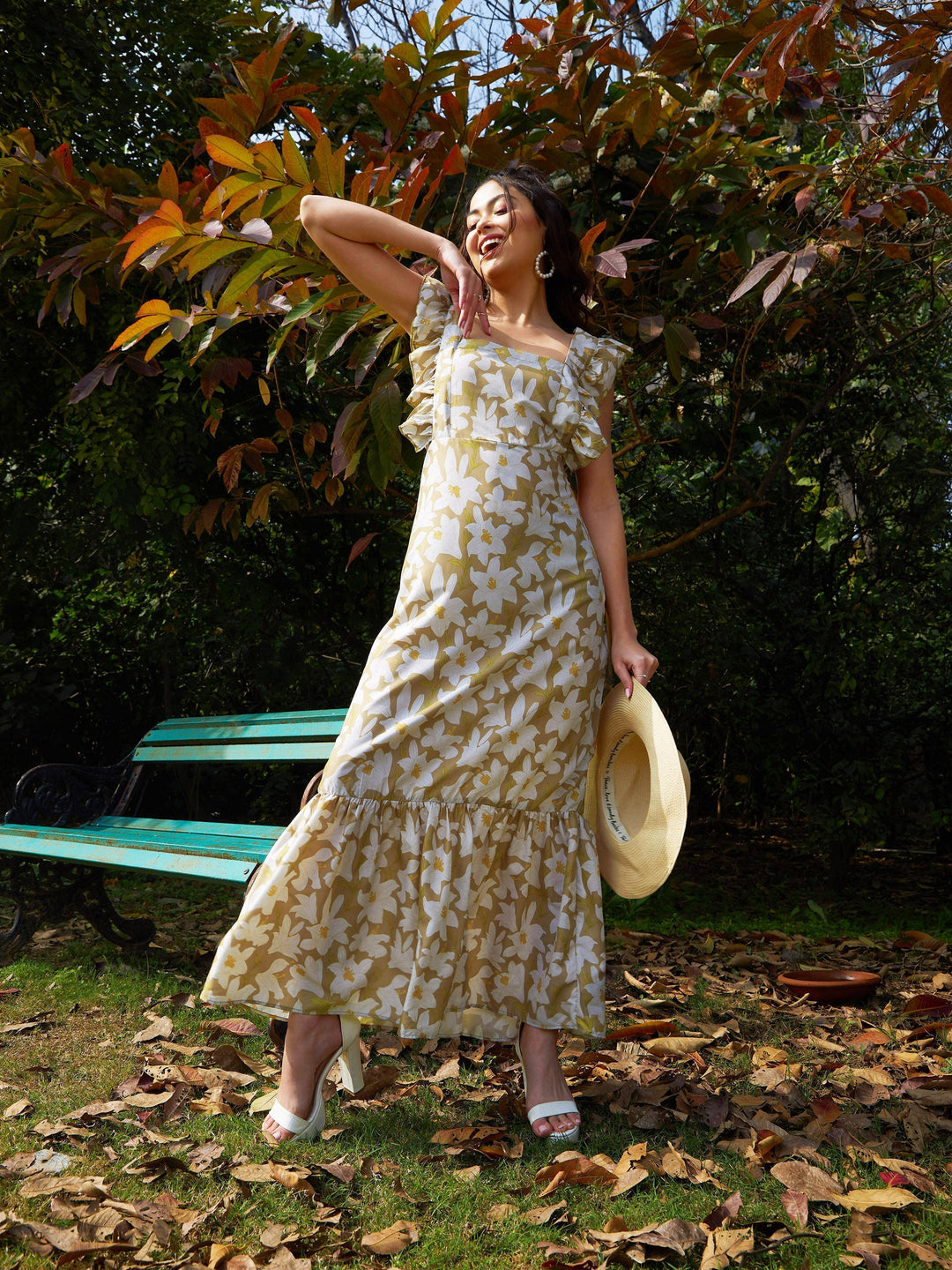 Women's Olive Floral Back Tie-Knot Detail Maxi Dress - SASSAFRAS