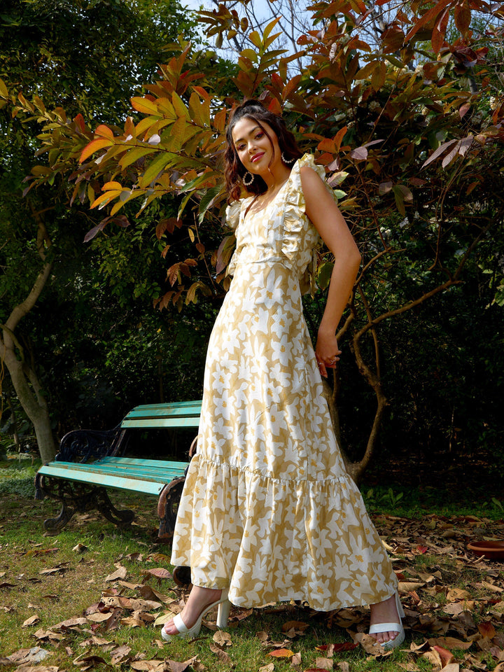 Women's Olive Floral Back Tie-Knot Detail Maxi Dress - SASSAFRAS