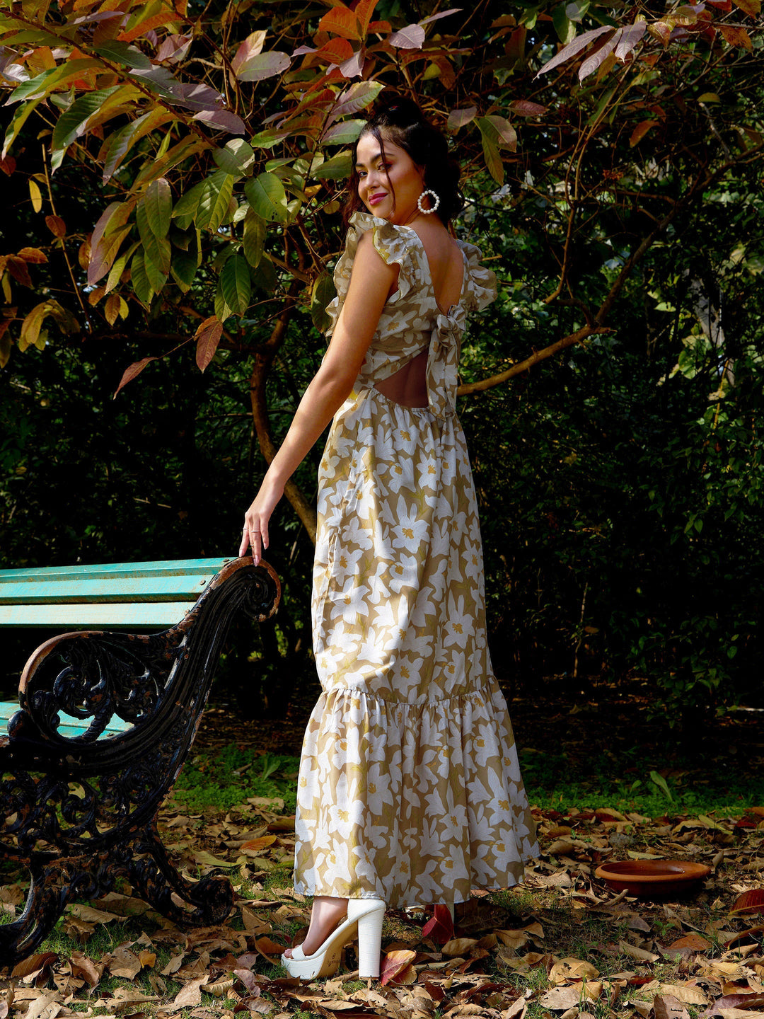 Women's Olive Floral Back Tie-Knot Detail Maxi Dress - SASSAFRAS