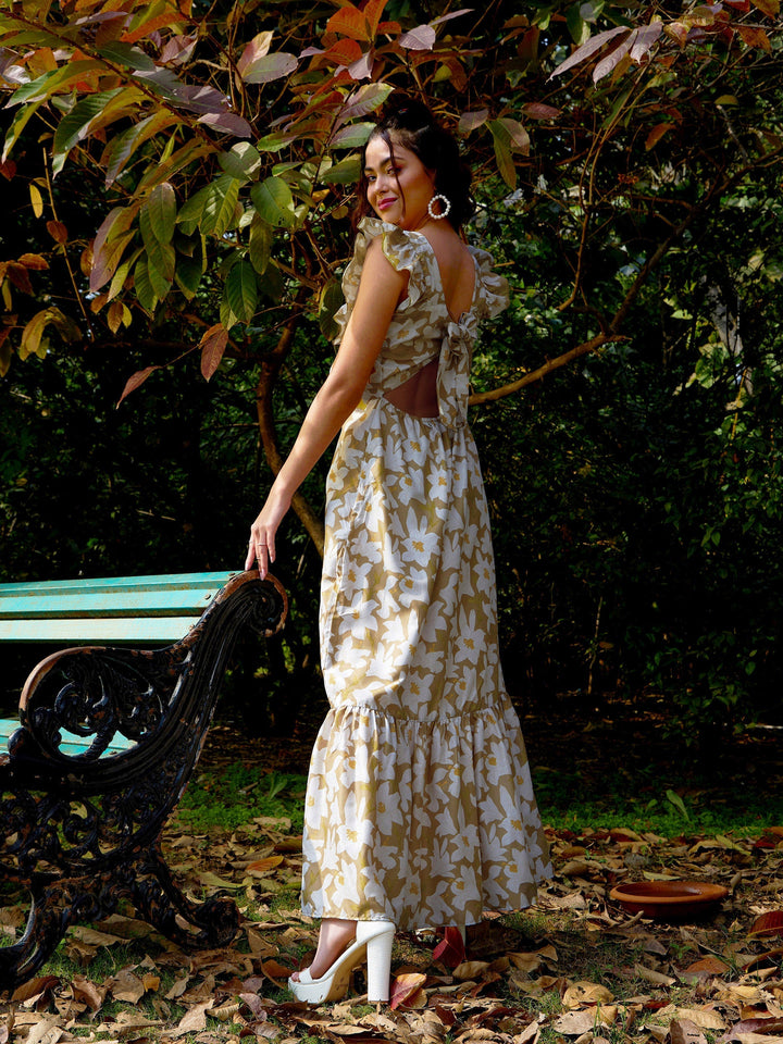 Women's Olive Floral Back Tie-Knot Detail Maxi Dress - SASSAFRAS