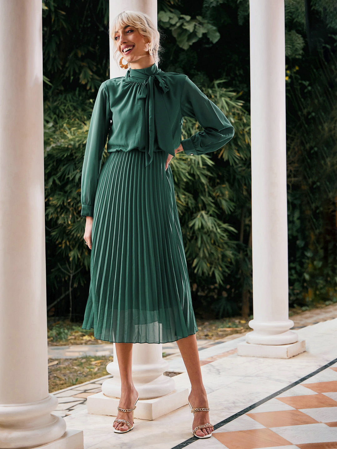 Women's Green Tie-Up Neck Accordion Pleated Dress