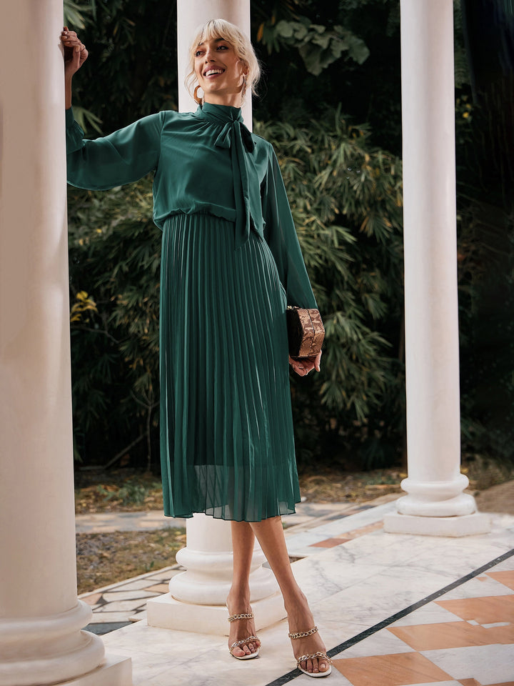 Women's Green Tie-Up Neck Accordion Pleated Dress - SASSAFRAS