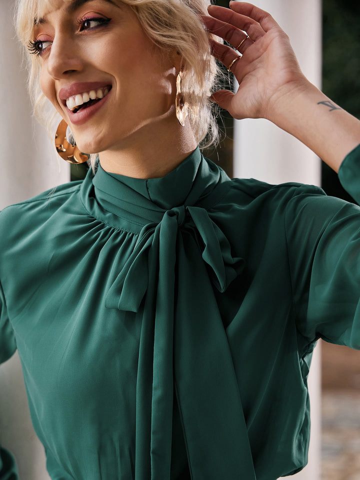 Women's Green Tie-Up Neck Accordion Pleated Dress - SASSAFRAS