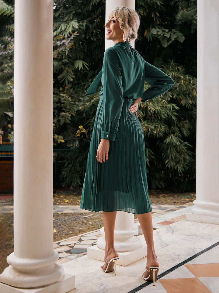 Women's Green Tie-Up Neck Accordion Pleated Dress - SASSAFRAS