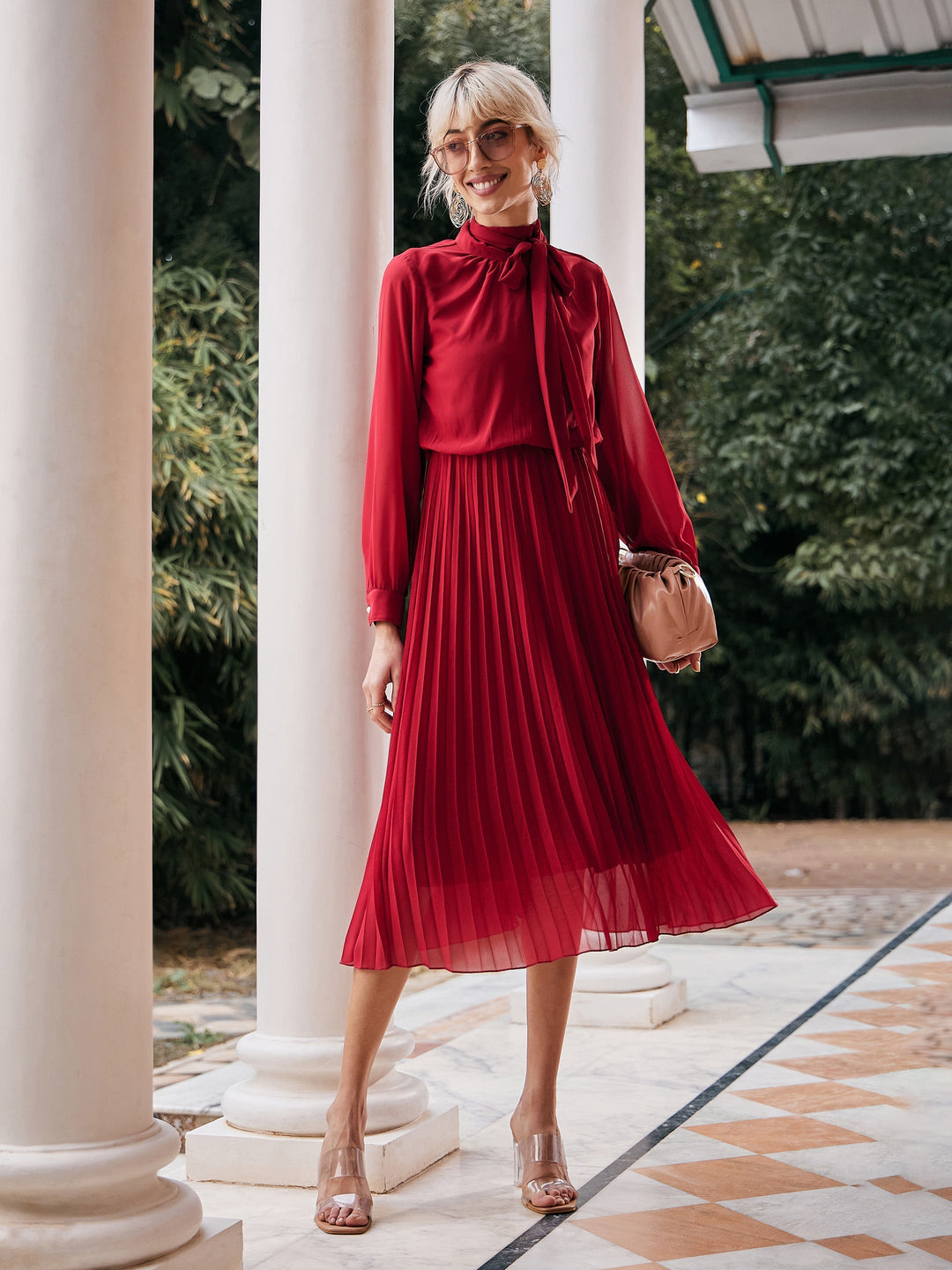 Women's Maroon Tie-Up Neck Accordion Pleated Dress - SASSAFRAS