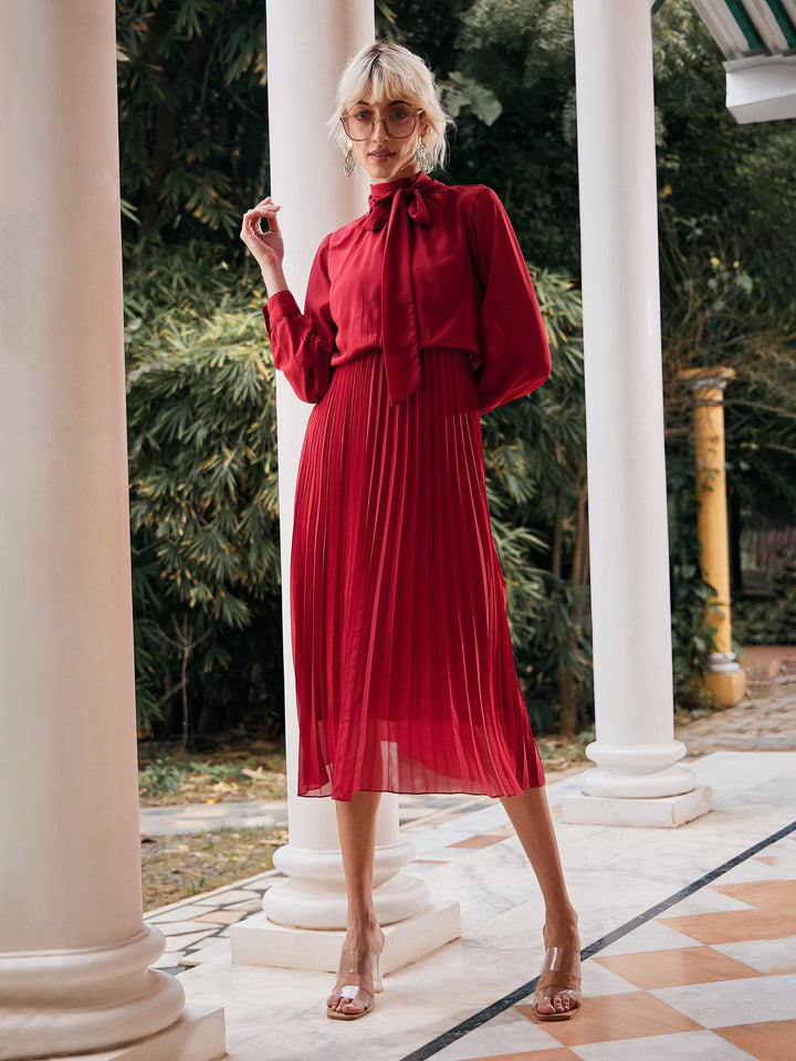 Women's Maroon Tie-Up Neck Accordion Pleated Dress - SASSAFRAS