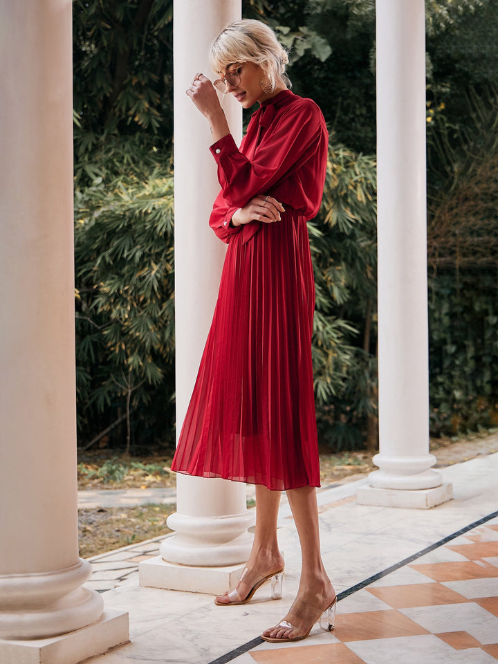 Women's Maroon Tie-Up Neck Accordion Pleated Dress - SASSAFRAS