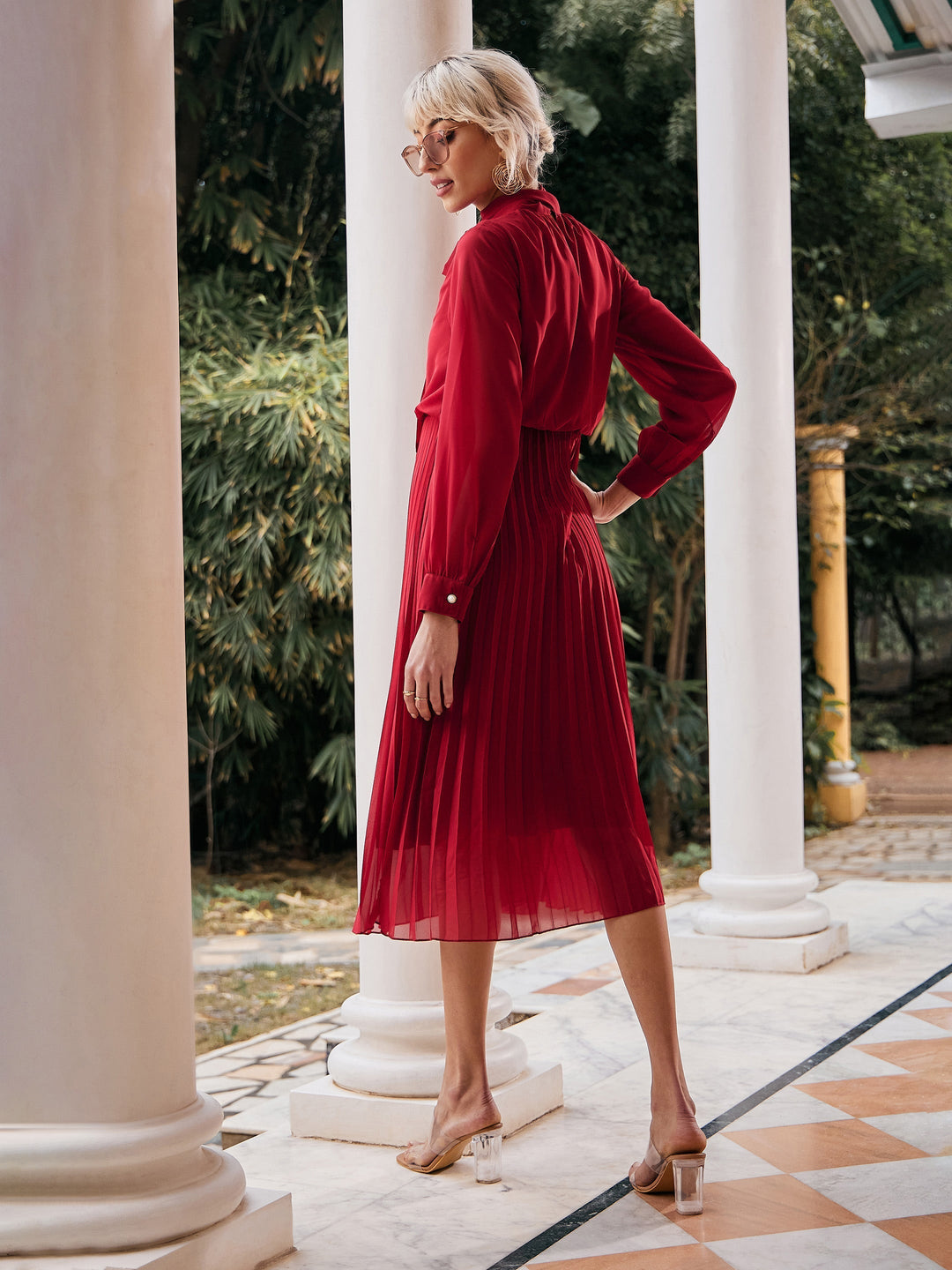 Women's Maroon Tie-Up Neck Accordion Pleated Dress - SASSAFRAS