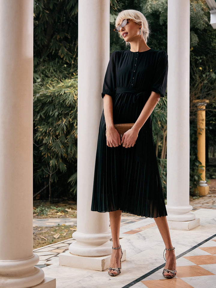Women's Black Accordion Pleated Belted Midi Dress - SASSAFRAS