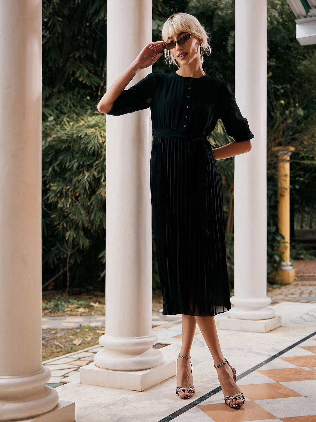 Women's Black Accordion Pleated Belted Midi Dress - SASSAFRAS