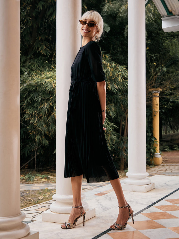 Women's Black Accordion Pleated Belted Midi Dress - SASSAFRAS
