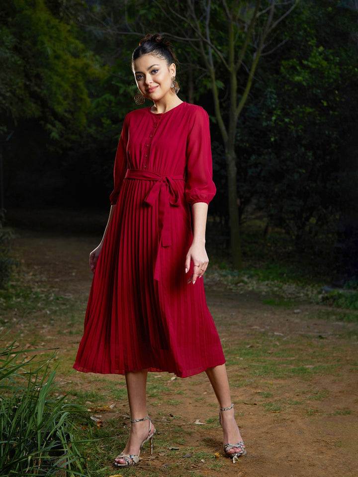 Women's Maroon Accordion Pleated Belted Midi Dress - SASSAFRAS