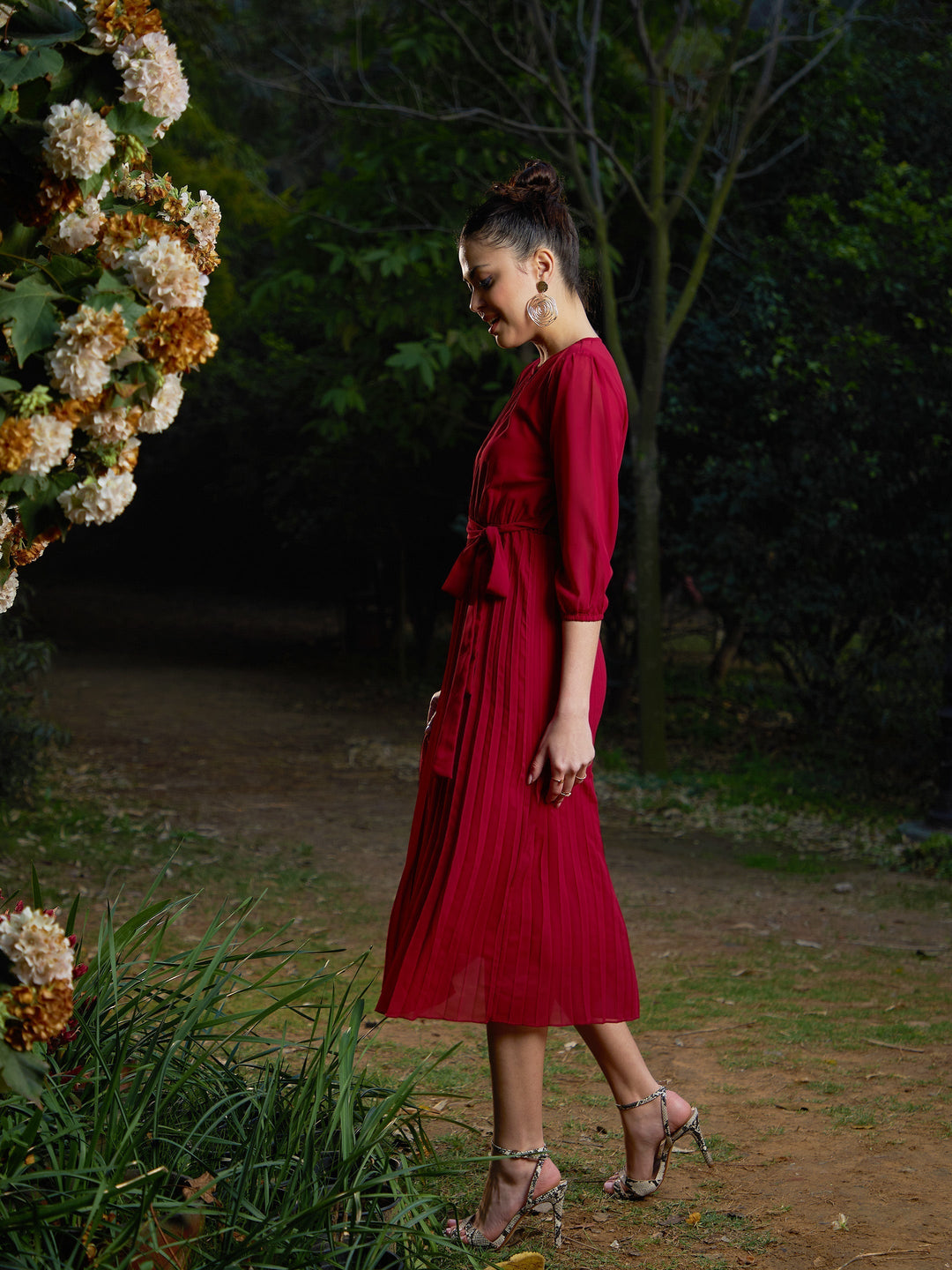 Women's Maroon Accordion Pleated Belted Midi Dress - SASSAFRAS