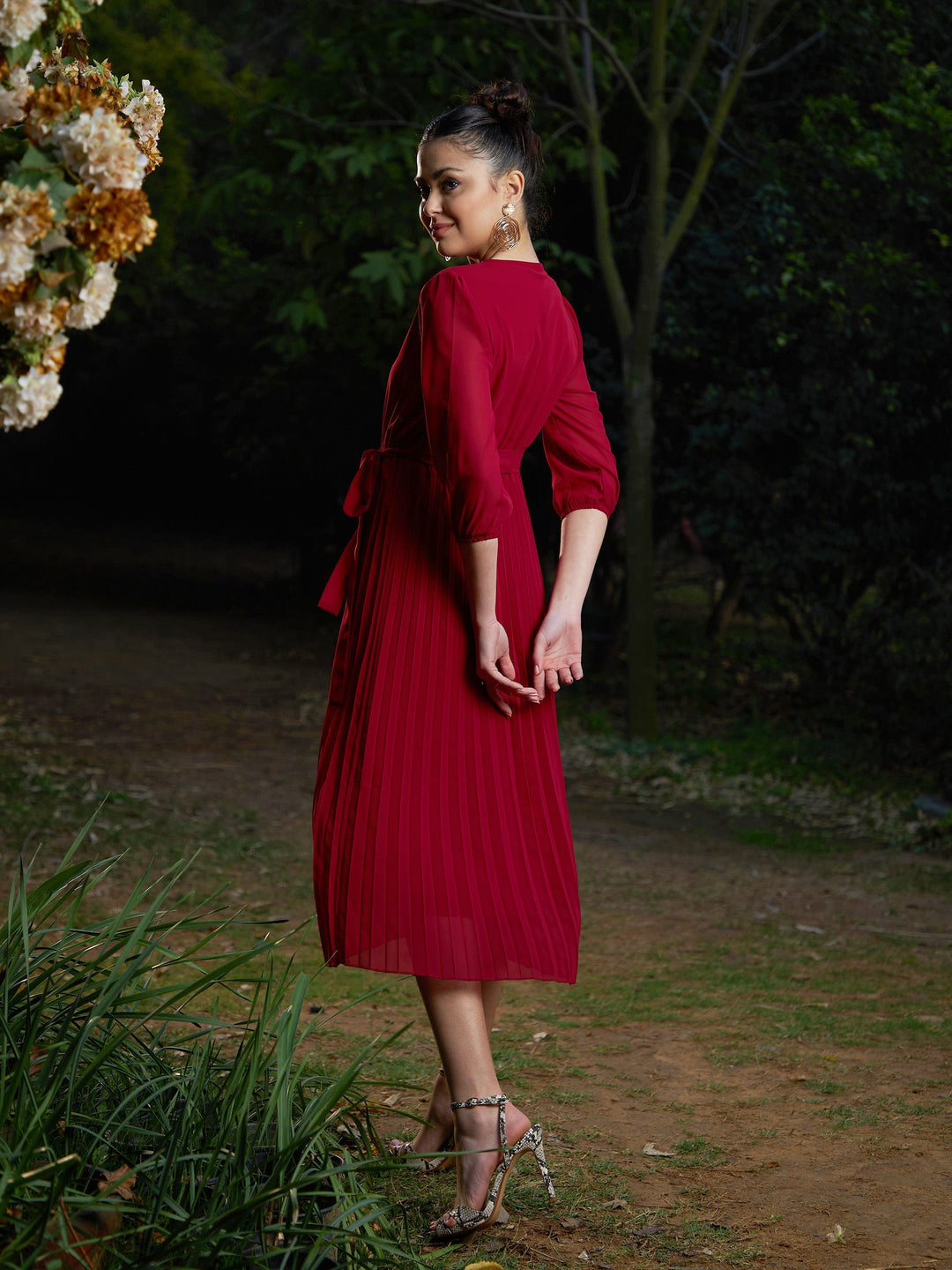 Women's Maroon Accordion Pleated Belted Midi Dress - SASSAFRAS