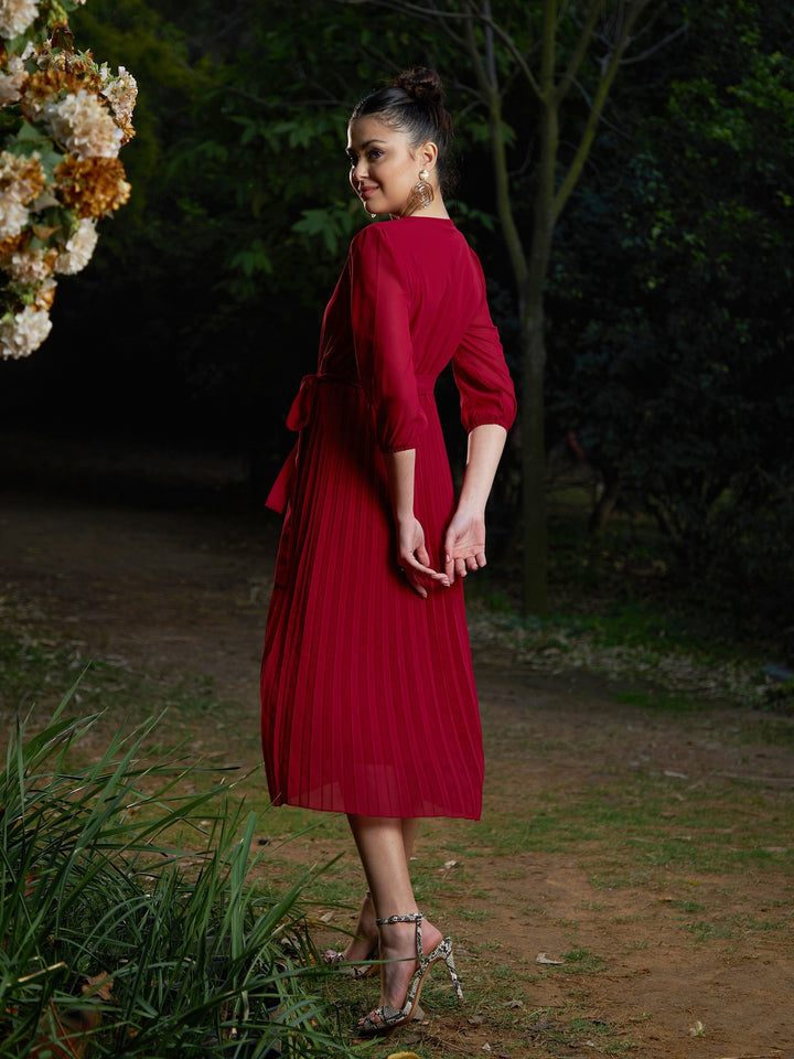 Women's Maroon Accordion Pleated Belted Midi Dress - SASSAFRAS