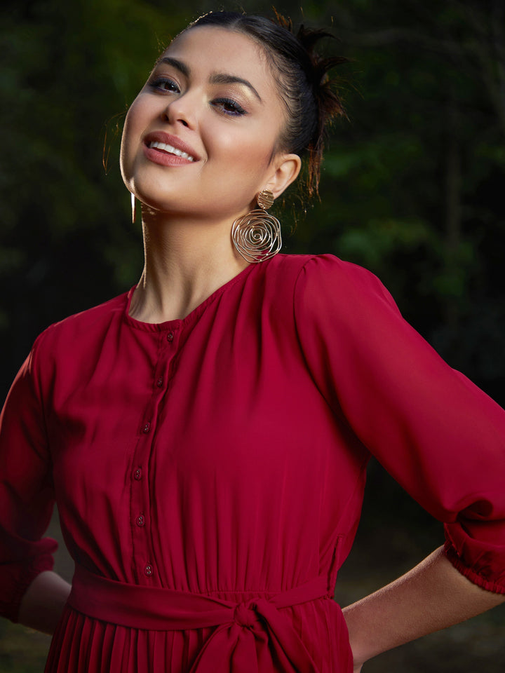 Women's Maroon Accordion Pleated Belted Midi Dress - SASSAFRAS