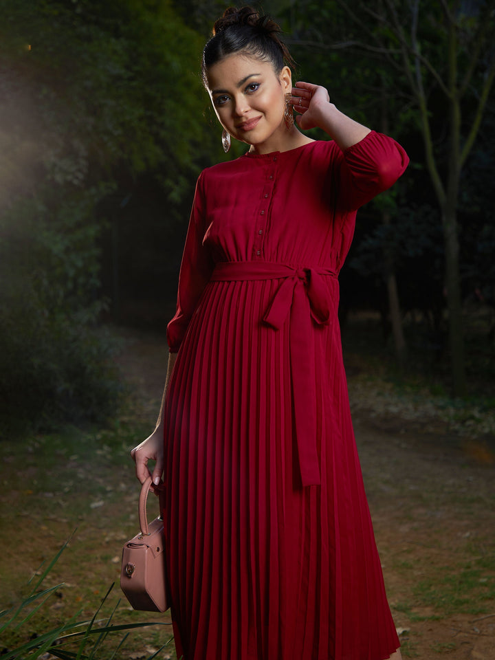 Women's Maroon Accordion Pleated Belted Midi Dress - SASSAFRAS