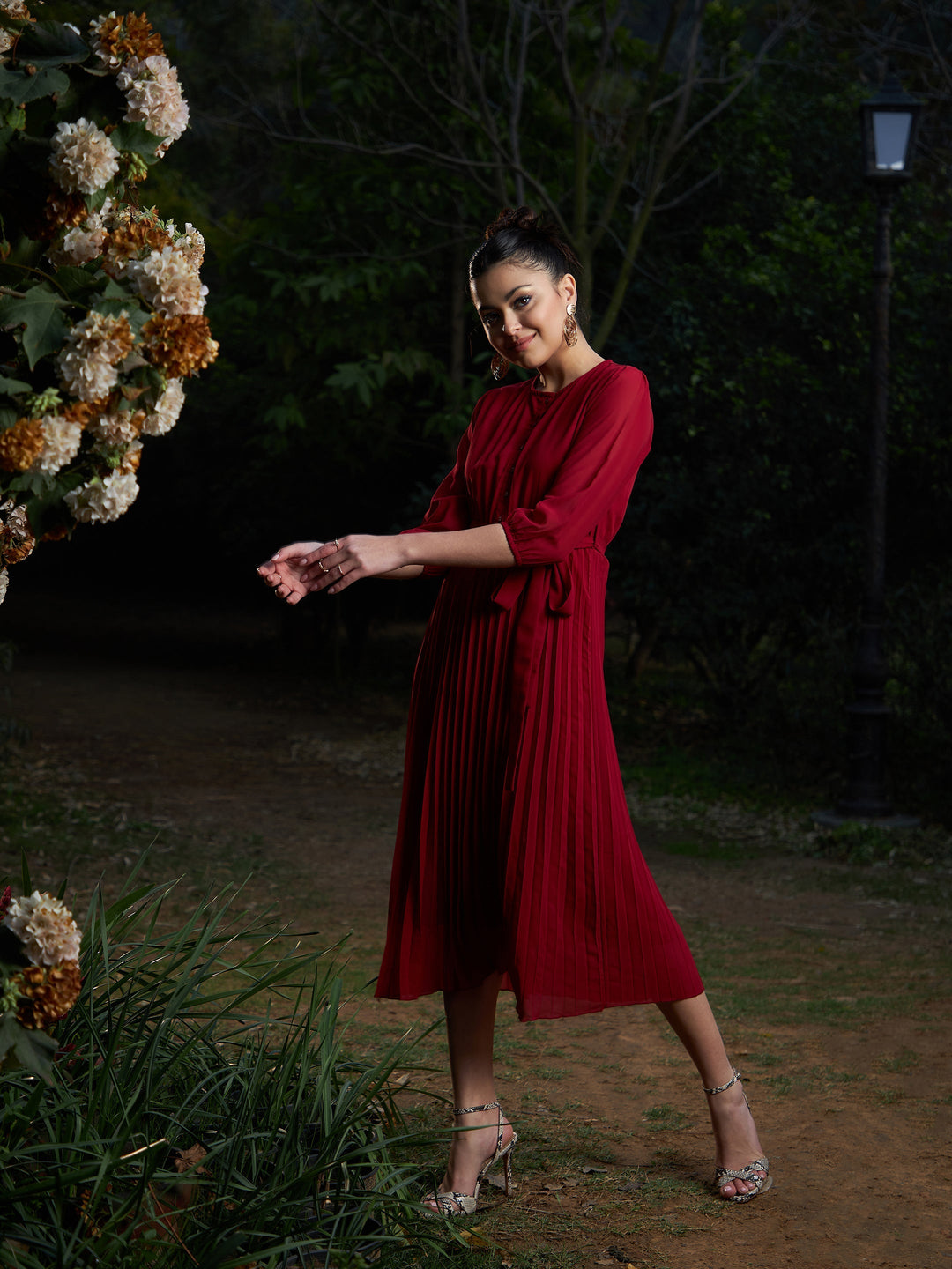 Women's Maroon Accordion Pleated Belted Midi Dress - SASSAFRAS