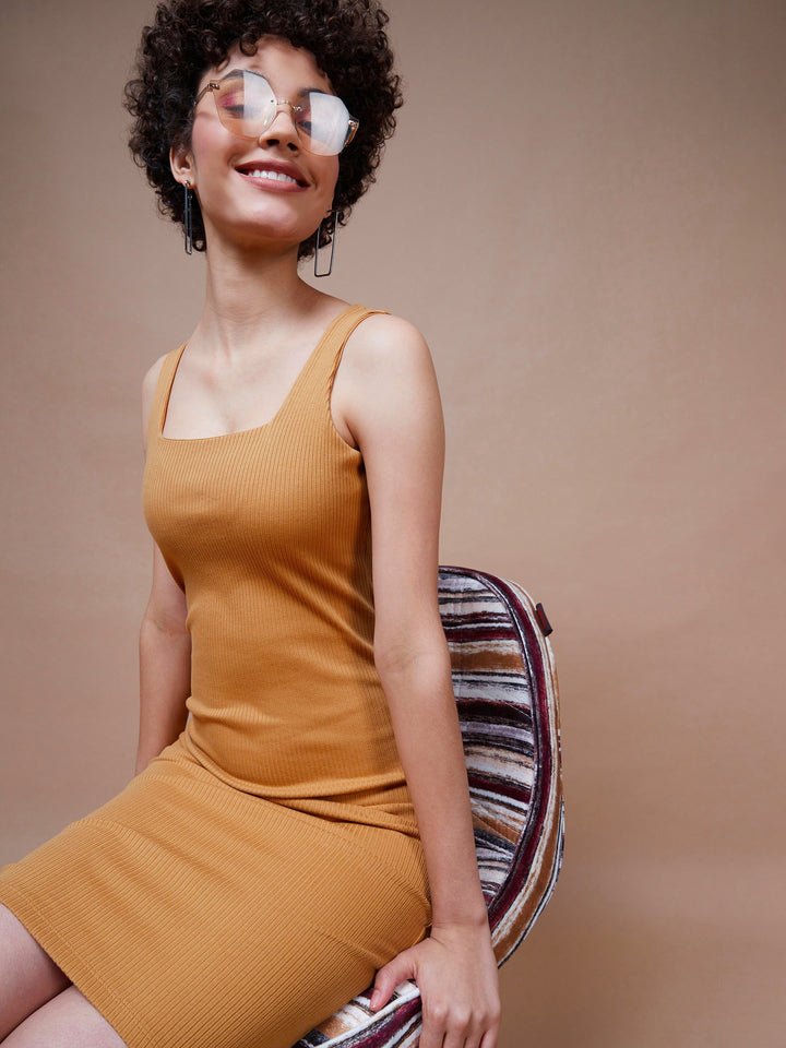 Women's Brown Rib Square Neck Midi Dress - SASSAFRAS