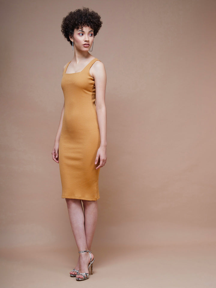 Women's Brown Rib Square Neck Midi Dress - SASSAFRAS