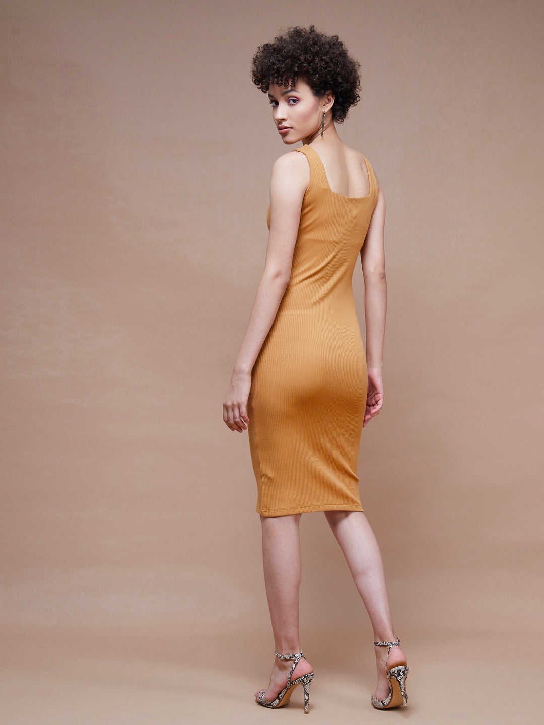 Women's Brown Rib Square Neck Midi Dress - SASSAFRAS
