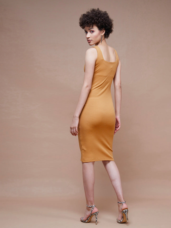 Women's Brown Rib Square Neck Midi Dress - SASSAFRAS