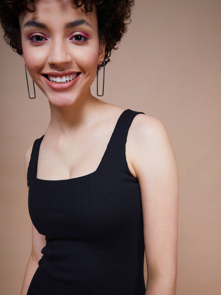 Women's Black Rib Square Neck Midi Dress - SASSAFRAS