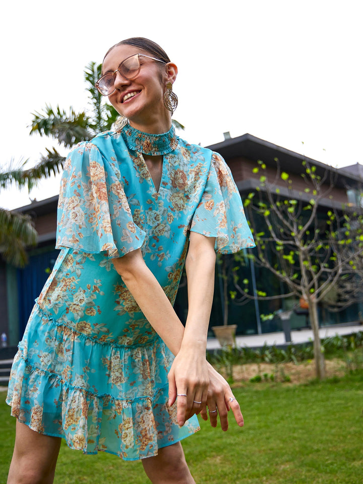 Women's Turquoise Floral Tiered Short Dress - SASSAFRAS
