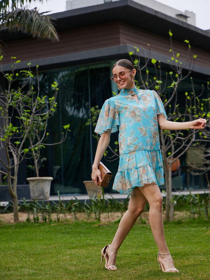 Women's Turquoise Floral Tiered Short Dress - SASSAFRAS