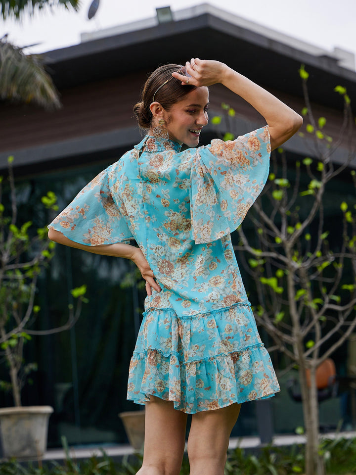 Women's Turquoise Floral Tiered Short Dress - SASSAFRAS