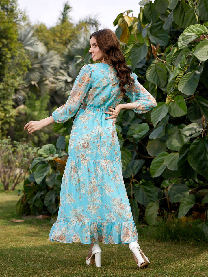 Women's Turquoise Floral Waist Cut Out Maxi Dress - SASSAFRAS