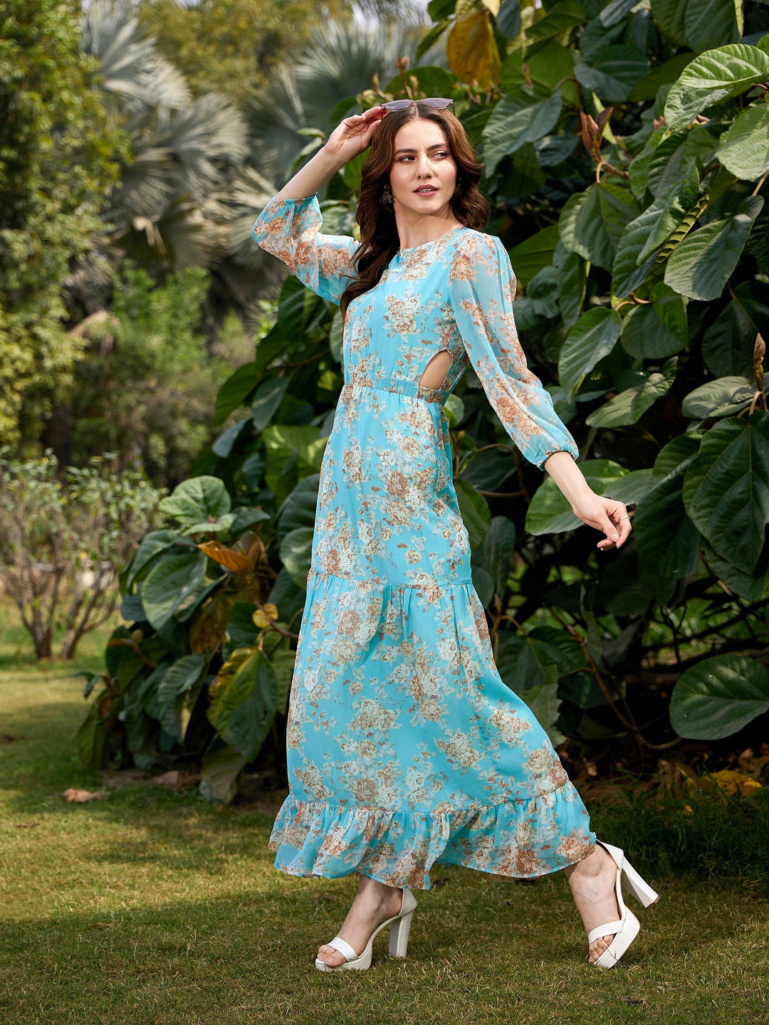 Women's Turquoise Floral Waist Cut Out Maxi Dress - SASSAFRAS