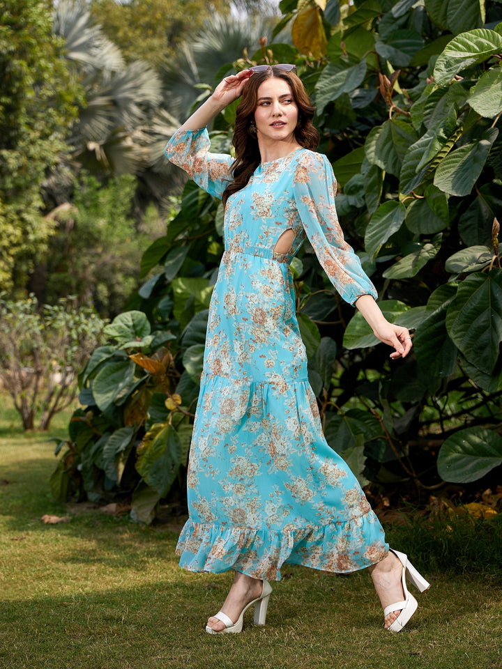 Women's Turquoise Floral Waist Cut Out Maxi Dress - SASSAFRAS