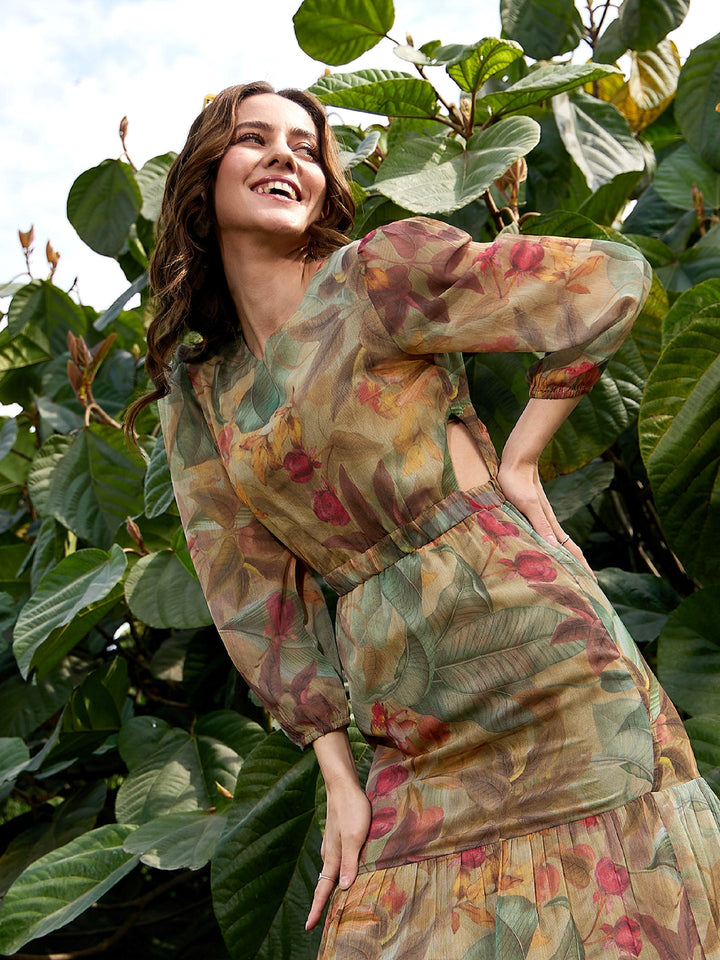 Women's Green Jungle Print Waist Cut Out Maxi Dress - SASSAFRAS