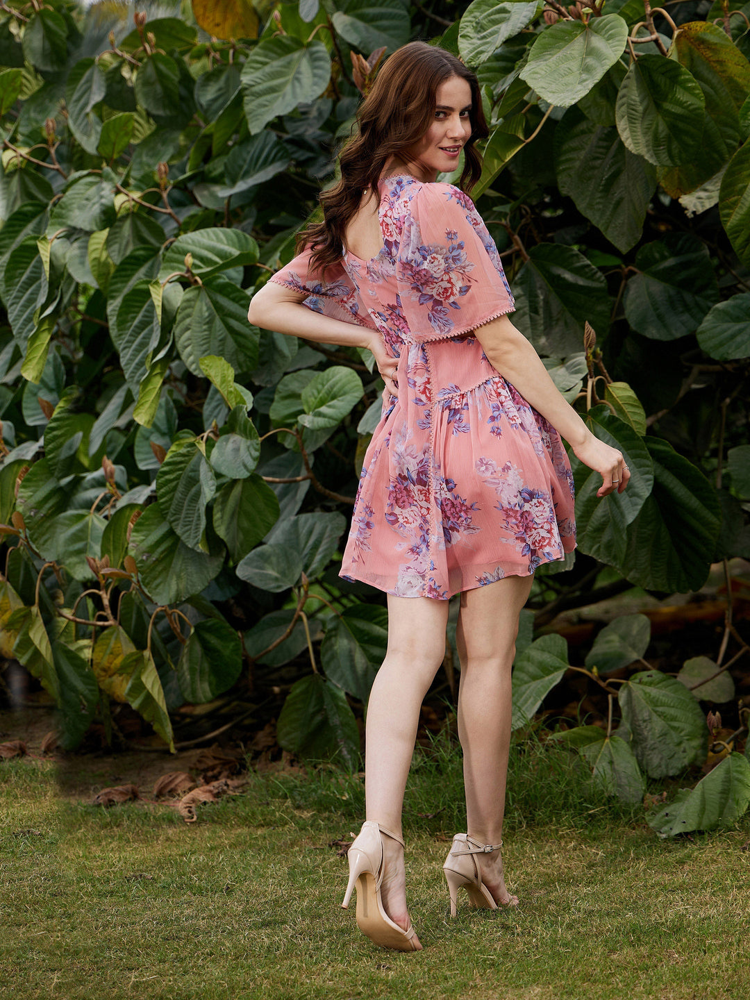 Women's Peach Floral Waist Cut Out Skater Dress - SASSAFRAS