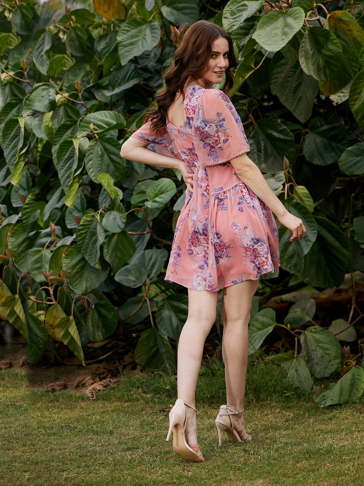Women's Peach Floral Waist Cut Out Skater Dress - SASSAFRAS