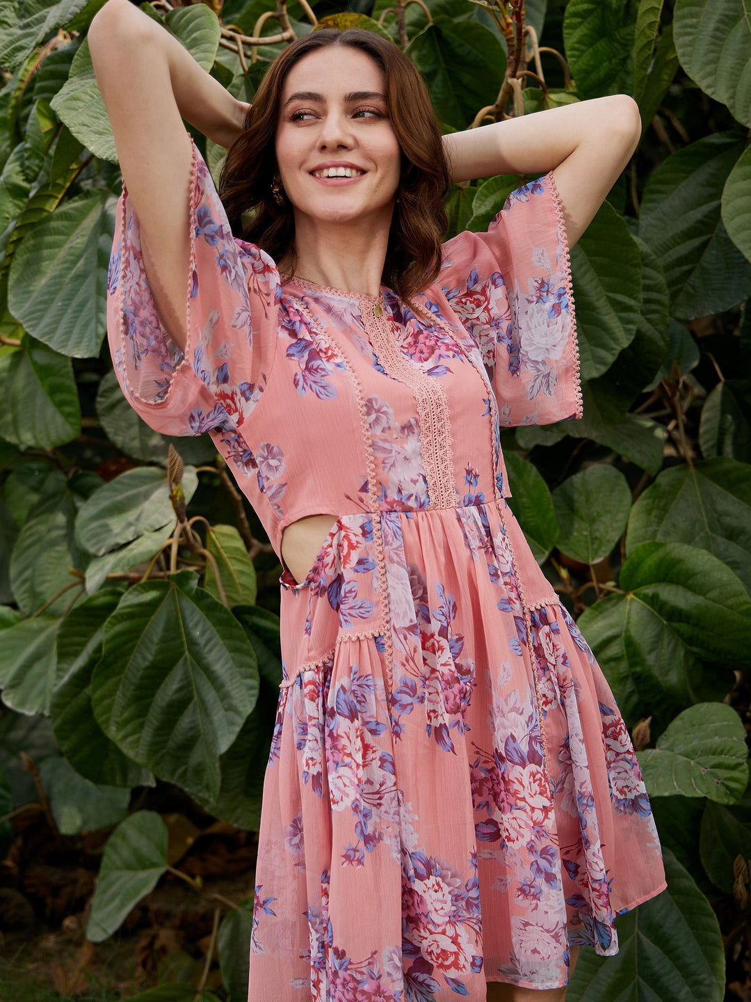 Women's Peach Floral Waist Cut Out Skater Dress - SASSAFRAS