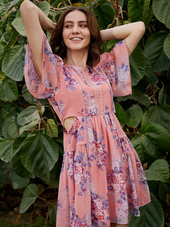 Women's Peach Floral Waist Cut Out Skater Dress - SASSAFRAS