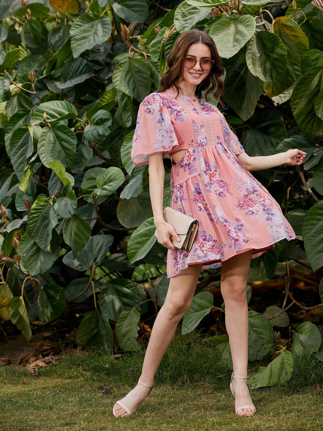 Women's Peach Floral Waist Cut Out Skater Dress - SASSAFRAS