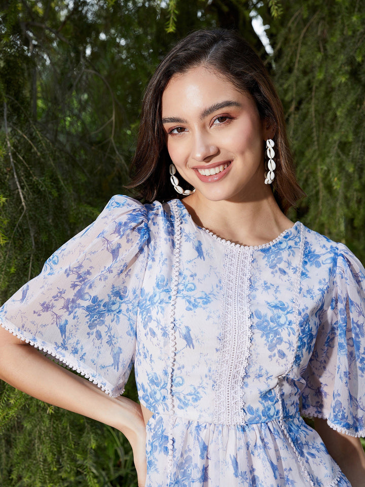 Women's Blue Floral Waist Cut Out Skater Dress - SASSAFRAS