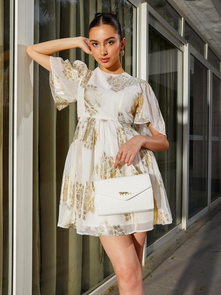 Women's White Jacquard Waist Cut Out Skater Dress - SASSAFRAS