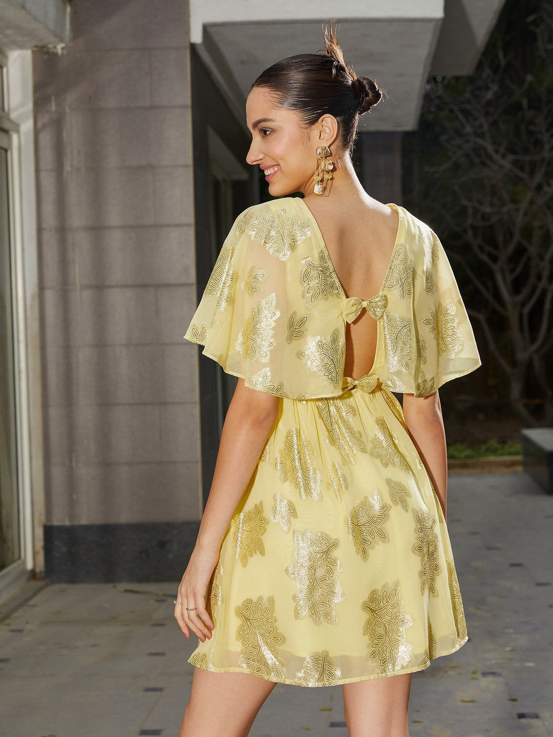 Women's Yellow Jacquard Flared Short Dress - SASSAFRAS