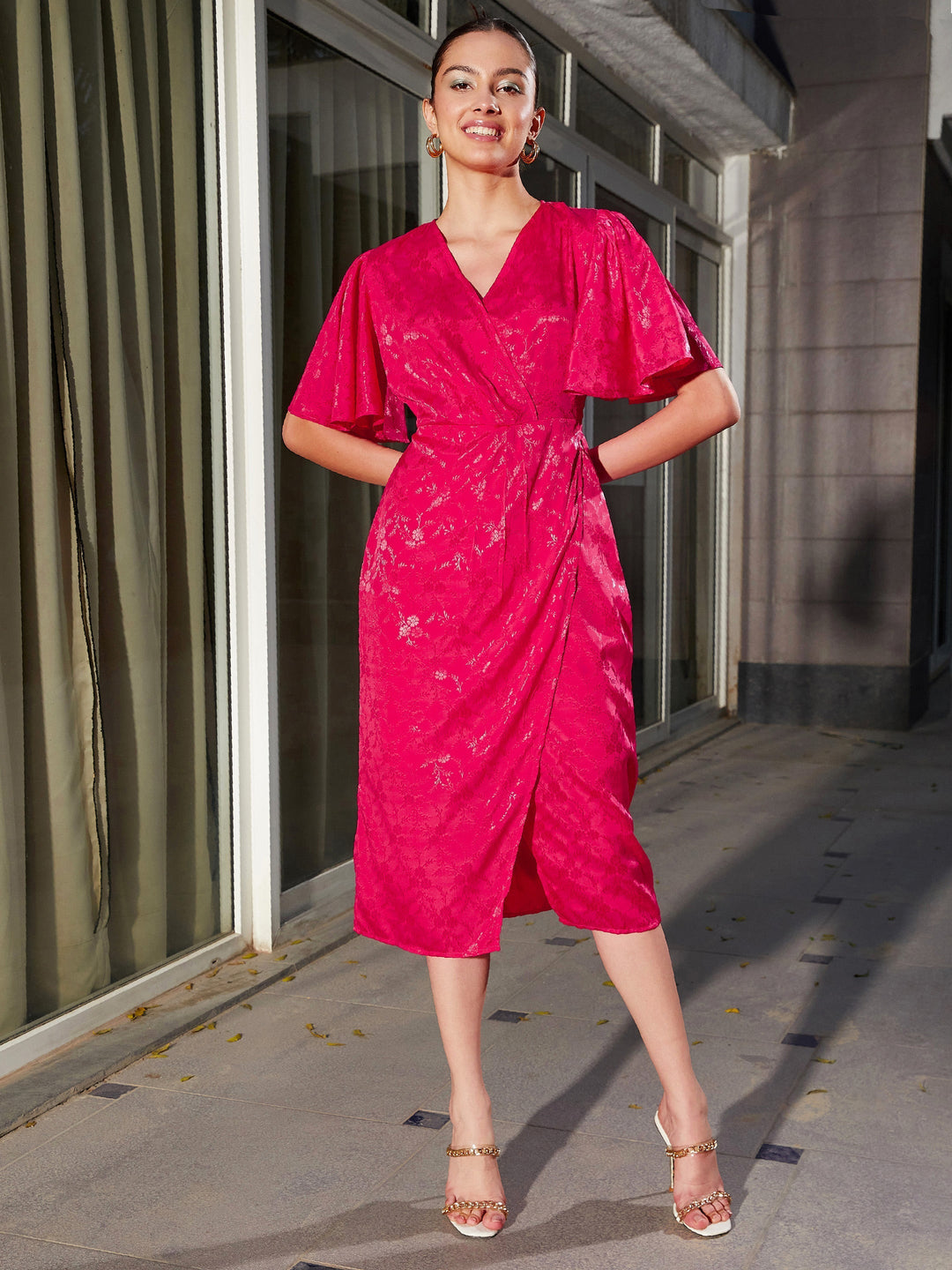 Women's Magenta Jacquard Drape Midi Dress - SASSAFRAS