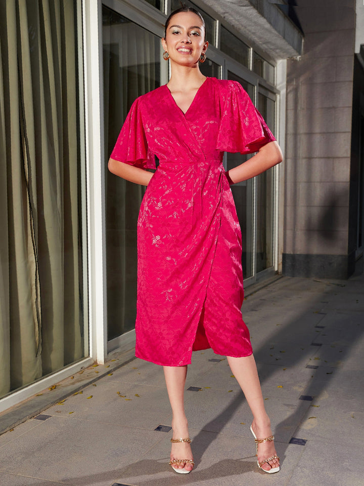 Women's Magenta Jacquard Drape Midi Dress - SASSAFRAS