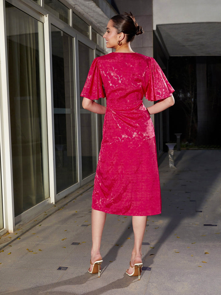 Women's Magenta Jacquard Drape Midi Dress - SASSAFRAS