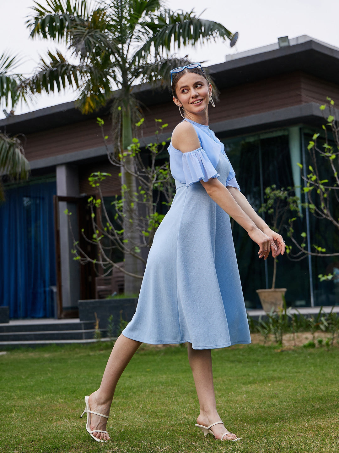 Women's Blue Sleeve Frill Detail Midi Dress - SASSAFRAS
