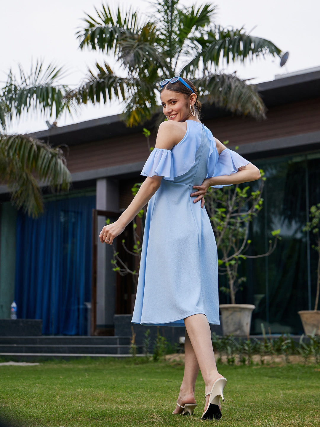 Women's Blue Sleeve Frill Detail Midi Dress - SASSAFRAS