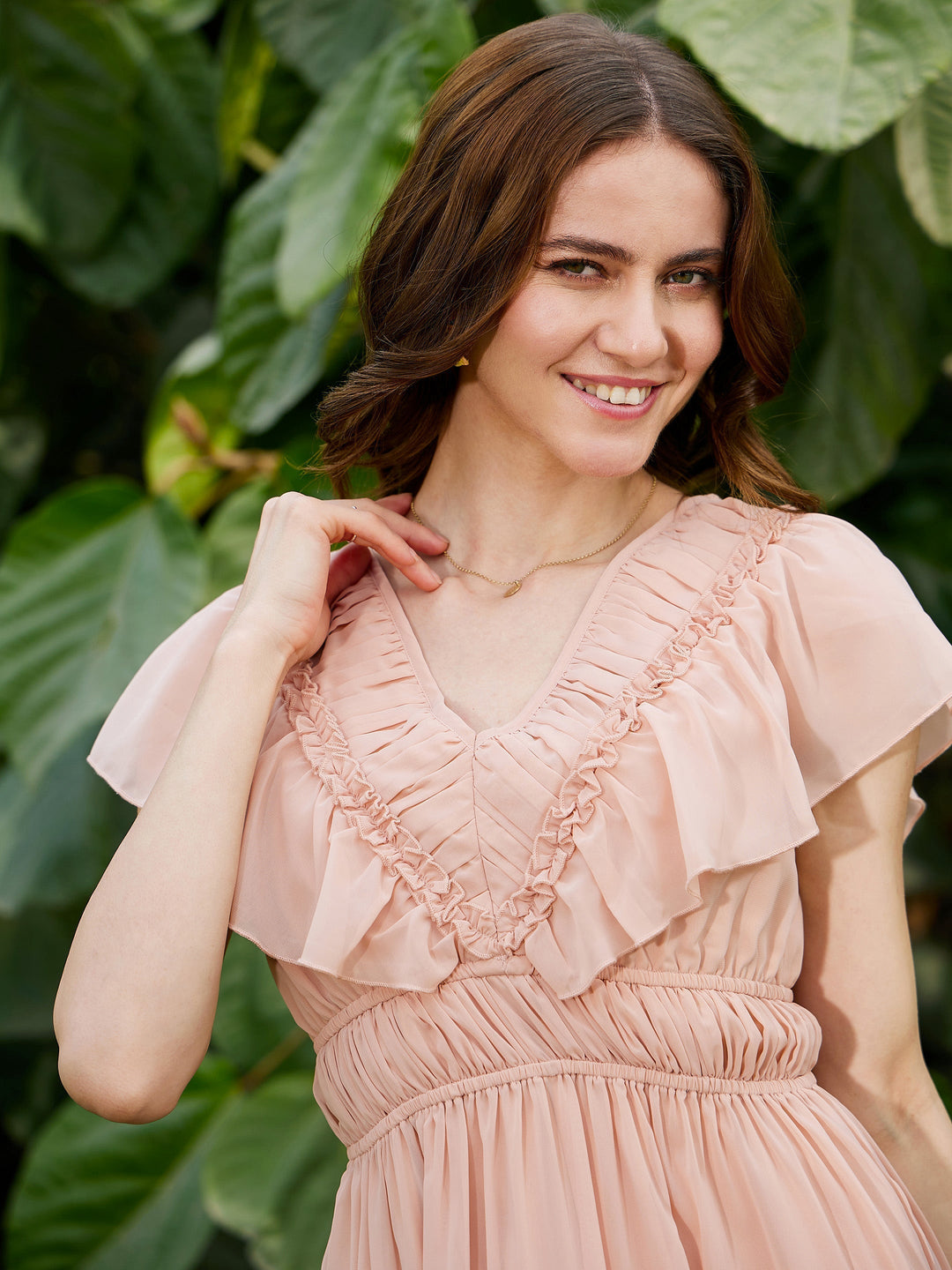 Women's Nude Frilly Tiered Midi Dress - SASSAFRAS