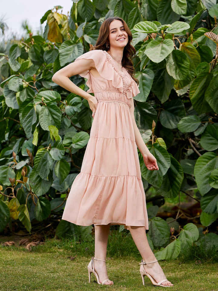Women's Nude Frilly Tiered Midi Dress - SASSAFRAS