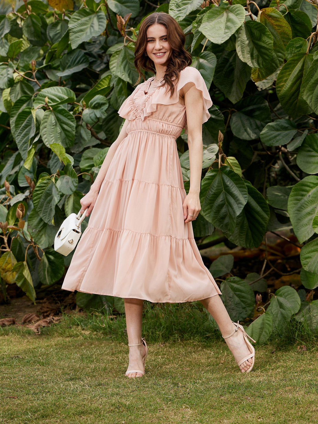 Women's Nude Frilly Tiered Midi Dress - SASSAFRAS